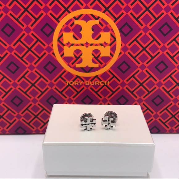 Authentic Tory Burch Silver Logo Stud Earrings